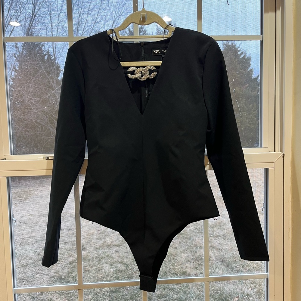 Zara Bejeweled Bodysuit, Black, L